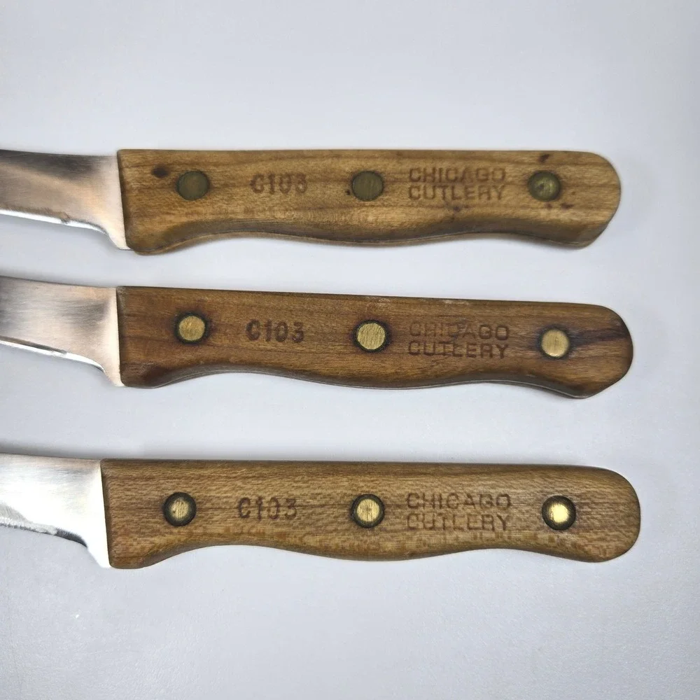 Chicago Cutlery C103 Steak Knives Set of 3 Wood Handle Brass Rivets USA Made